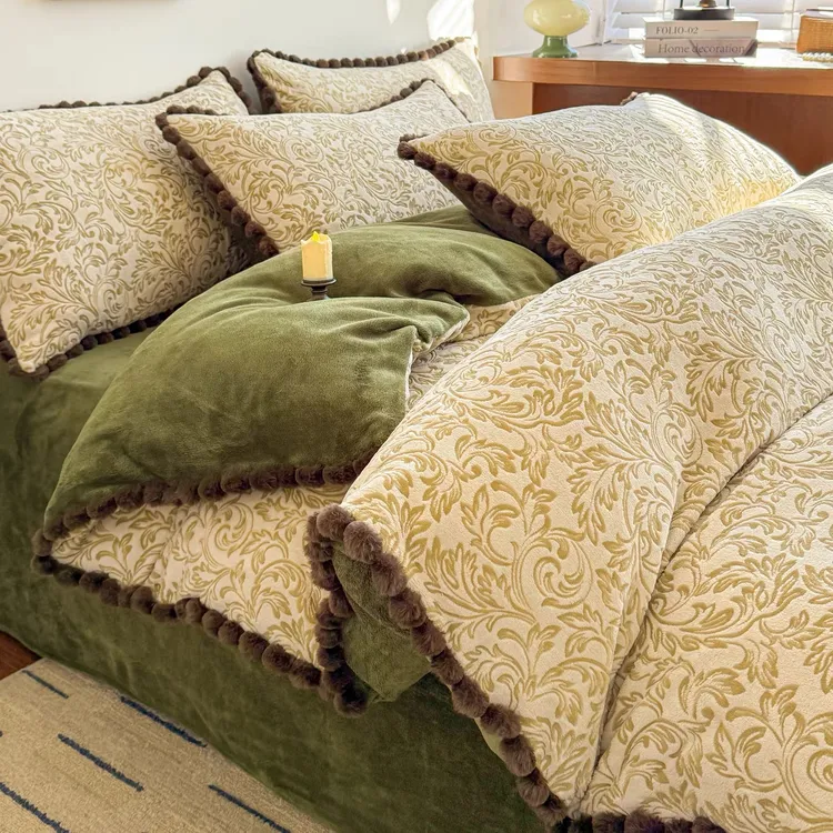 【高端雕花】230g加厚牛奶绒四件套保暖四件套毛球工艺款