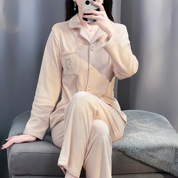 tpvl【澳毛绒】柔软保暖睡衣女秋冬季家居服套装可外穿双面绒舒适