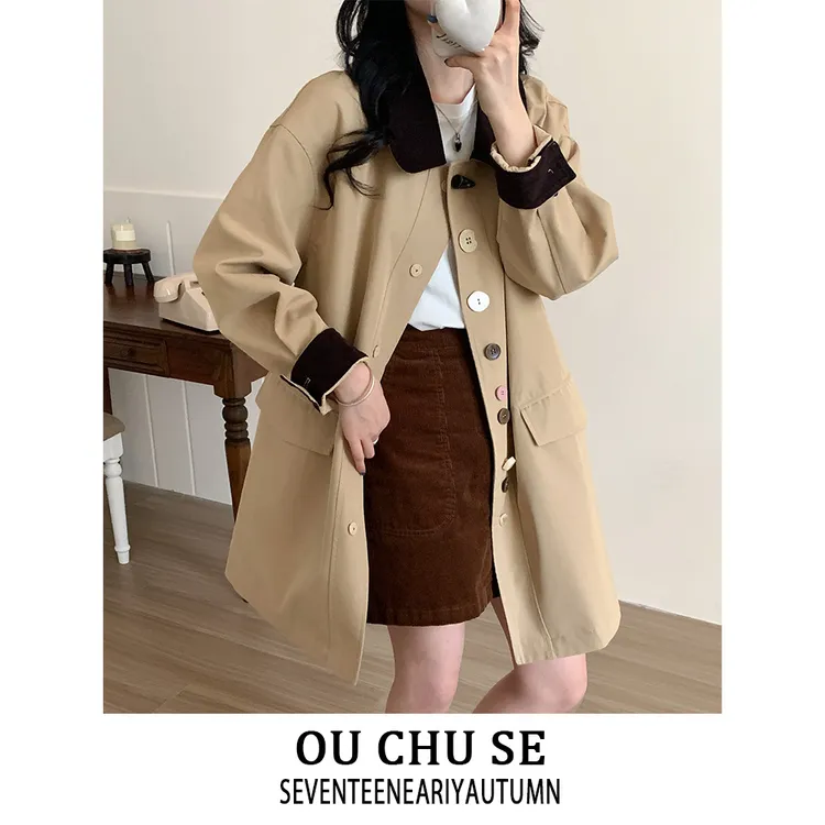 欧货高级感撞色休闲宽松风衣女2025春秋新款小个子英伦风外套