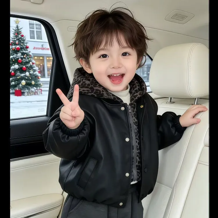 儿童加绒夹棉外套冬款男童假两件豹纹皮衣夹克衫加厚女童洋气韩版