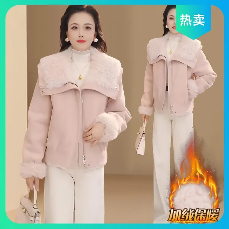 粉色大翻领皮毛一体大衣女秋冬季新款小个子加绒加厚毛毛短款外套