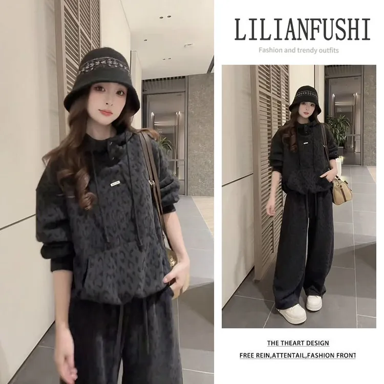 今年流行漂亮套装2025新款豹纹长袖连帽上衣显瘦阔腿休闲裤两件套