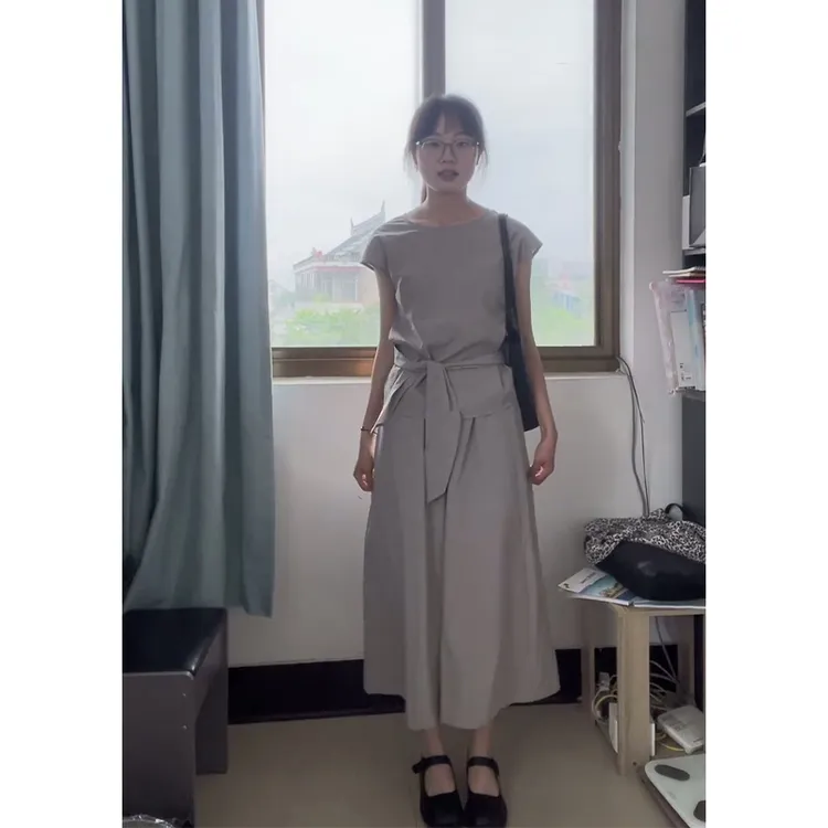 2025夏季新款女法式气质圆领修身短袖系带上衣设计感高腰阔腿长裤