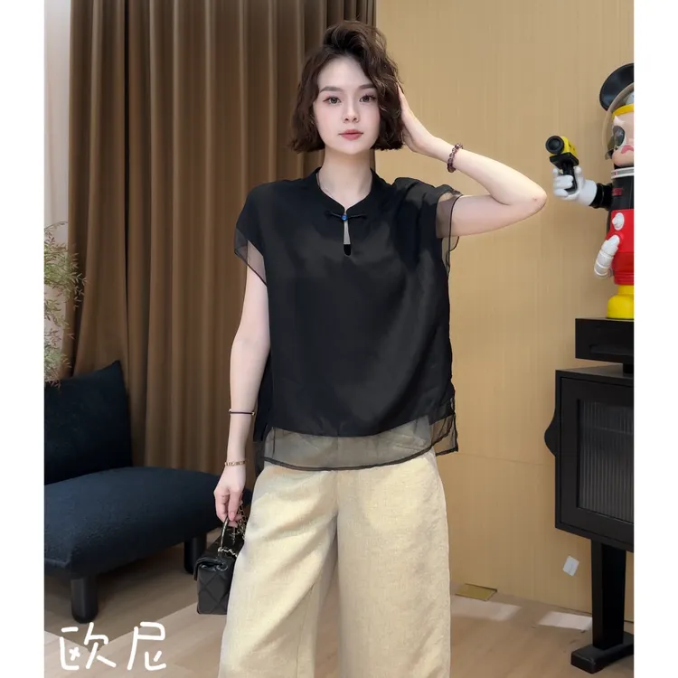 欧尼私服 2025夏新款网纱拼接设计感立体盘扣镂空小衫2507C3817