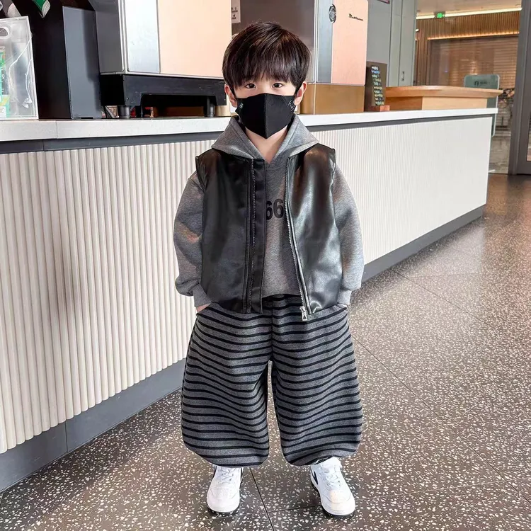 秋冬男女童休闲时尚套装加绒洋气有气质条纹裤儿童帅气韩版
