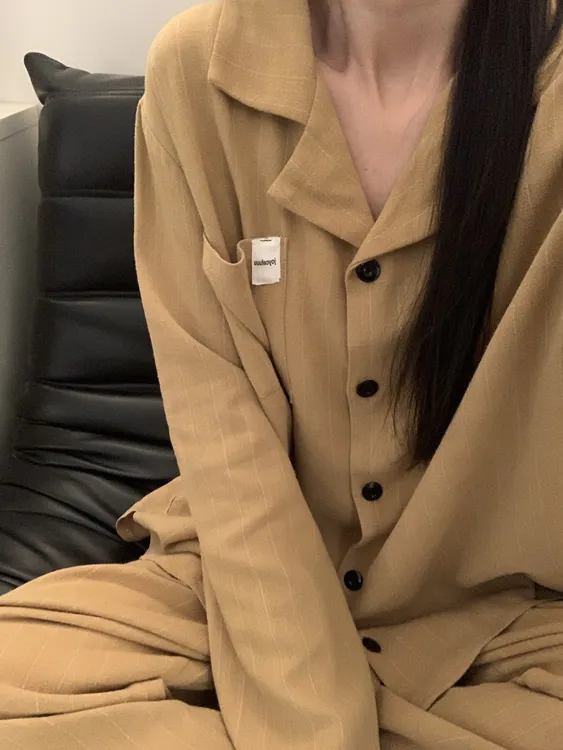 春秋季长袖长裤棕色条纹休闲慵懒风可外穿女士睡衣