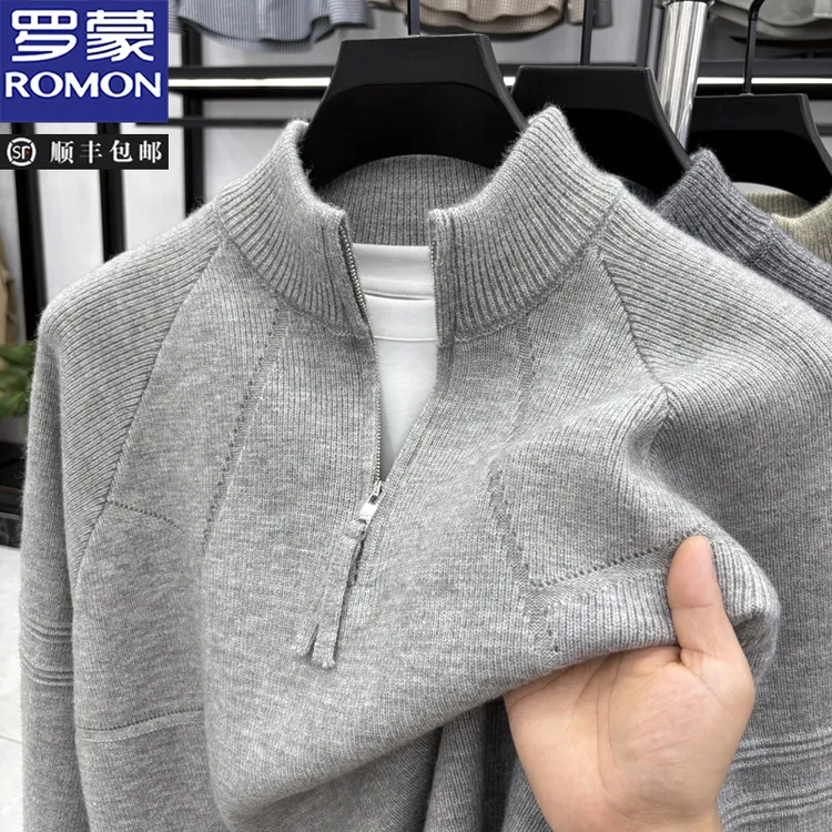 罗蒙男士秋冬季半高拉链针织毛衣复古提花针织衫纯色百搭休闲毛衣