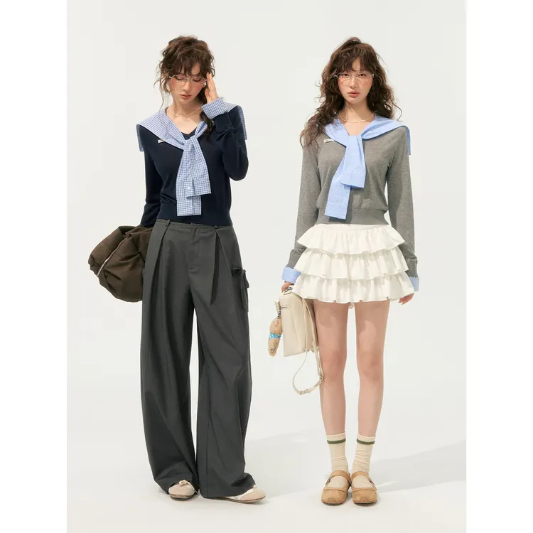 SOMESOWE水手领拼接针织上衣