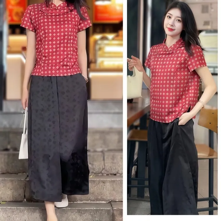 罗芬面料故事旗舰店女装新中式国风盘扣小衫+松紧腰百搭七分裤