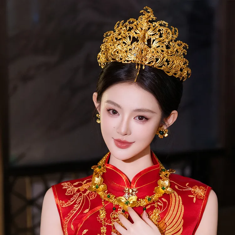 新娘奢华金色凤冠结婚头饰凤凰复古高级旗袍汉服龙凤褂发饰品8012