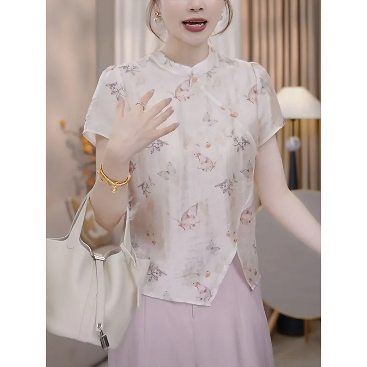 新中式斜襟立领短袖衬衫女2025夏季新款国风设计感减龄小衫上衣潮