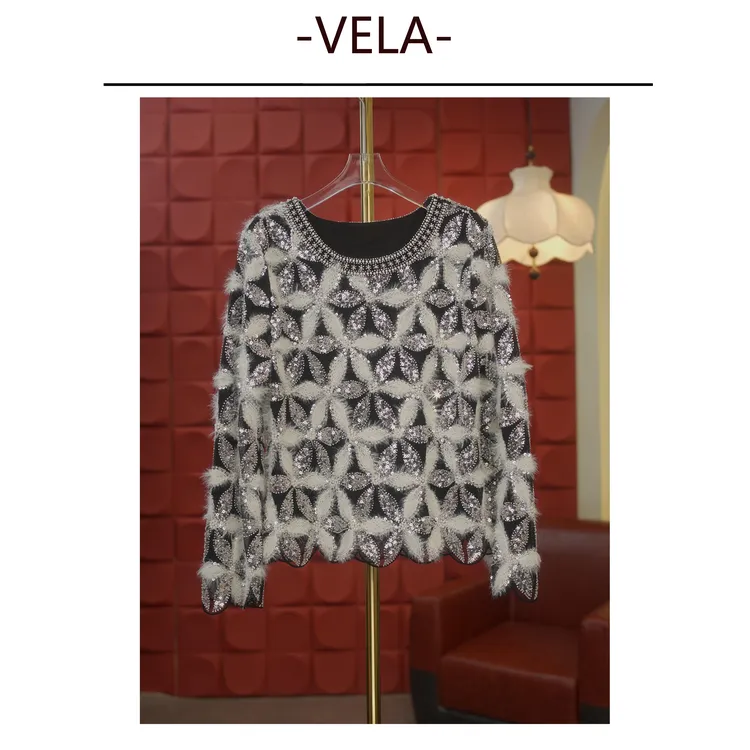 【陌上百合】新款亮片毛织花纹法式长袖套头T恤圆领重工