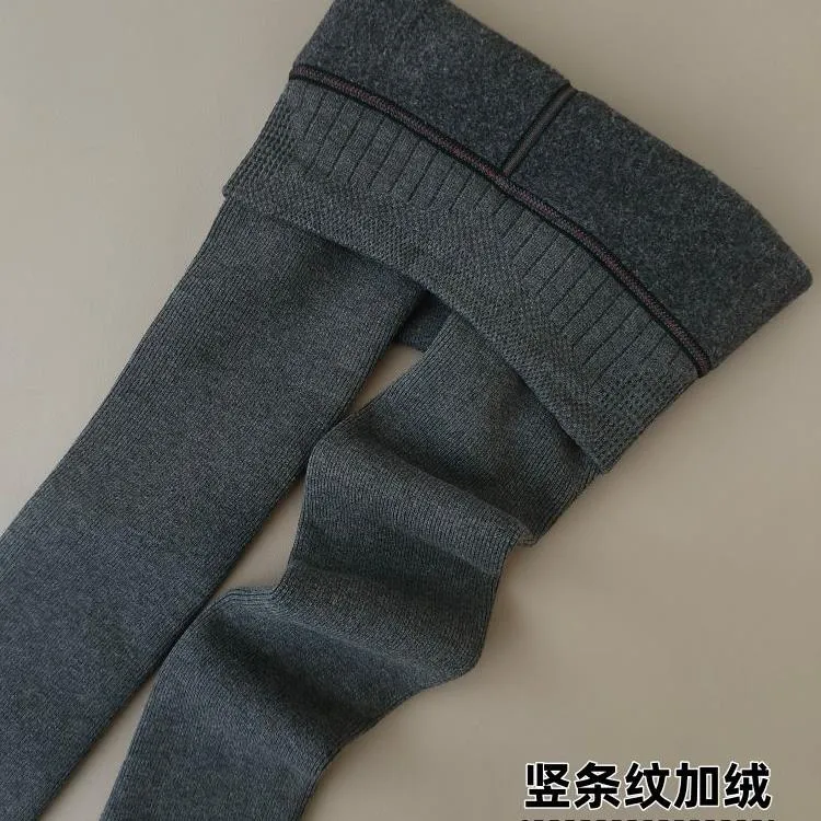 竖条纹加绒加厚棉连裤袜女秋冬外穿打底裤袜弹力踩脚裤深灰色连袜