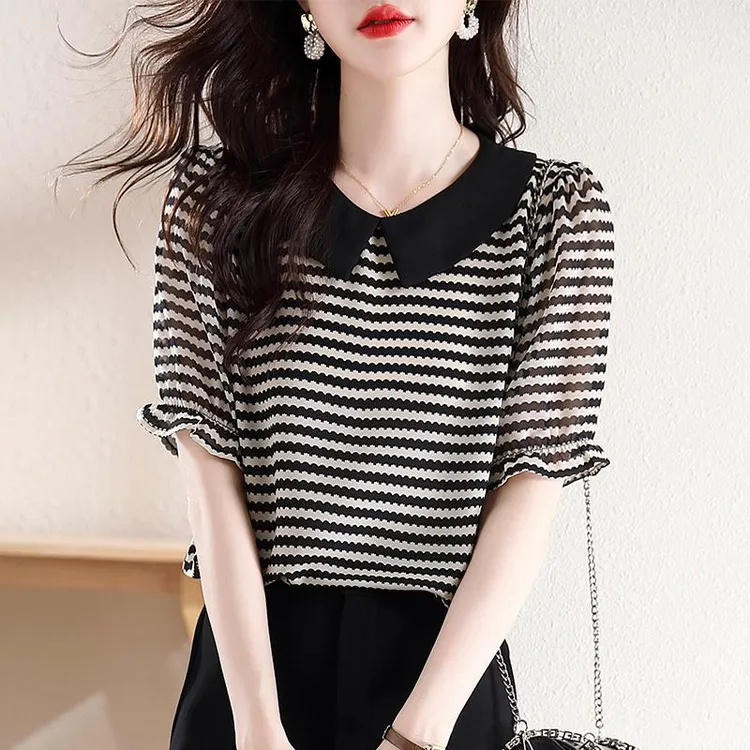 雪纺衬衫女士装夏季2025年新款气质爆款漂亮别致小衫洋气短袖上衣