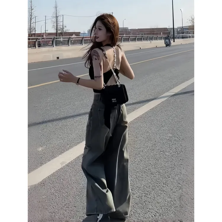 纯欲风挂脖绑带吊带背心外穿美背辣妹修身上衣水洗做旧破洞牛仔裤