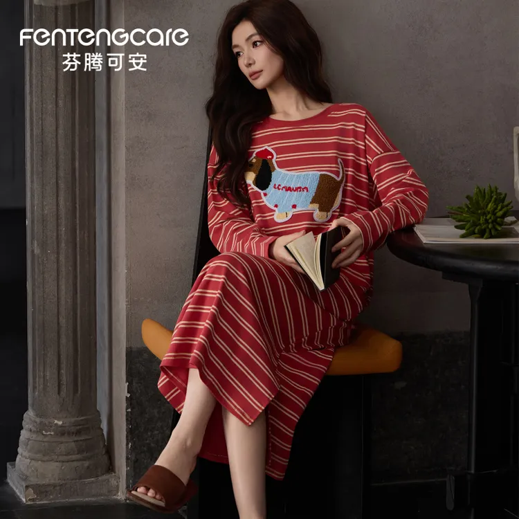 芬腾可安纯棉睡裙女春秋季圆领长袖卡通条纹韩版中长款睡衣女宽松