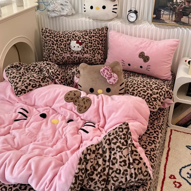 粉色豹纹猫加厚牛奶绒四件套秋冬保暖法兰绒珊瑚绒被套床单三件套