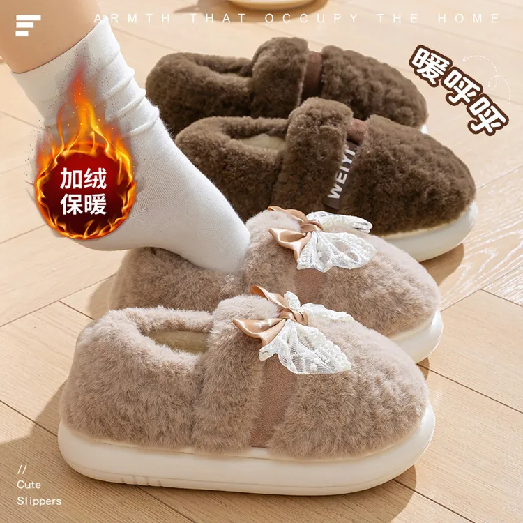 秋冬季棉鞋女居家日用待客保暖防滑厚底加绒外穿时尚蝴蝶结棉拖鞋