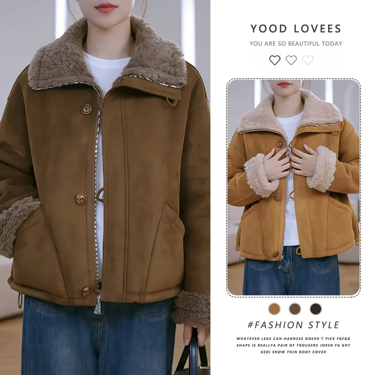 两面穿毛绒短外套女冬季设计感宽松立领保暖皮毛一体加绒夹克上衣