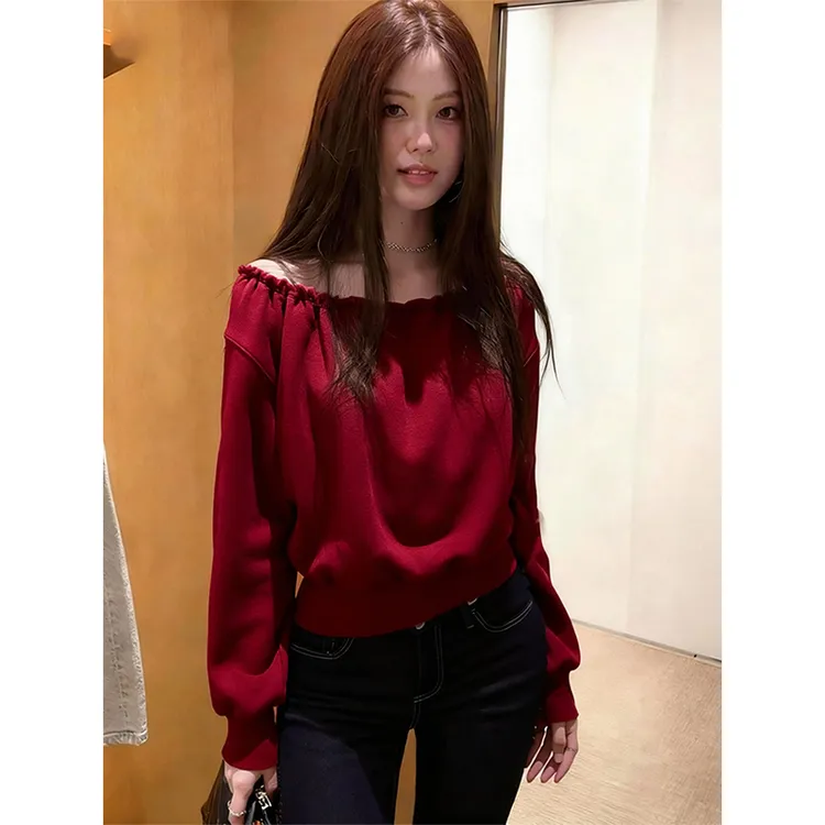 一字肩上衣黑色爆款2025新款潮牌女装韩系秋冬装独特漂亮小衫洋气