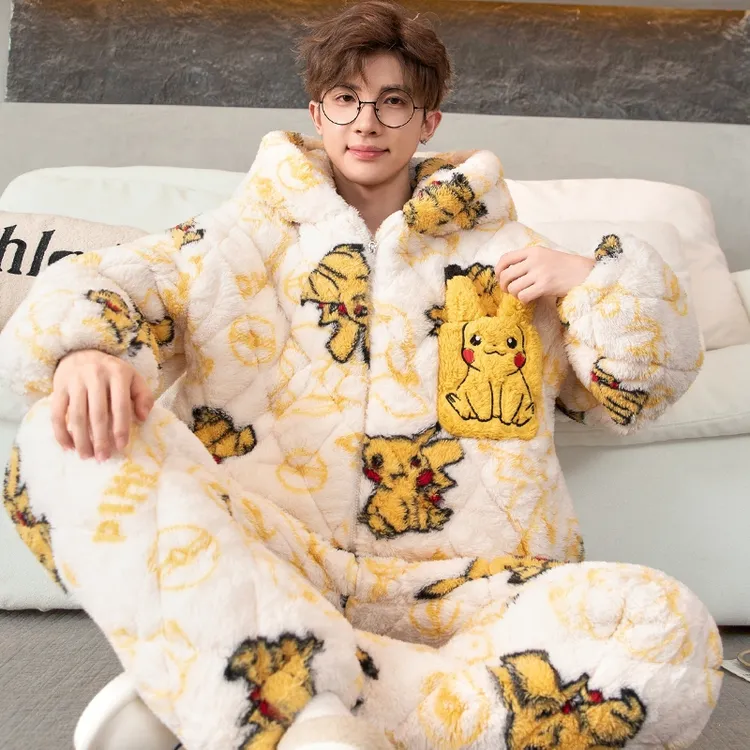 男士睡衣秋冬季珊瑚绒加厚加绒三层夹棉冬款保暖青少年家居服套装