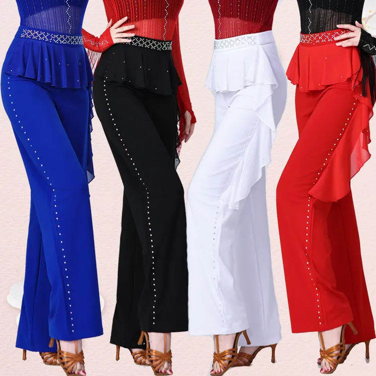 新款高湍烫钻荷叶边舞蹈裤子女士跳拉丁广场吉特巴演出直筒舞裤