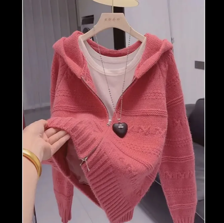 佳-韩系连帽钩花毛衣开衫外套女秋季拉链开衫