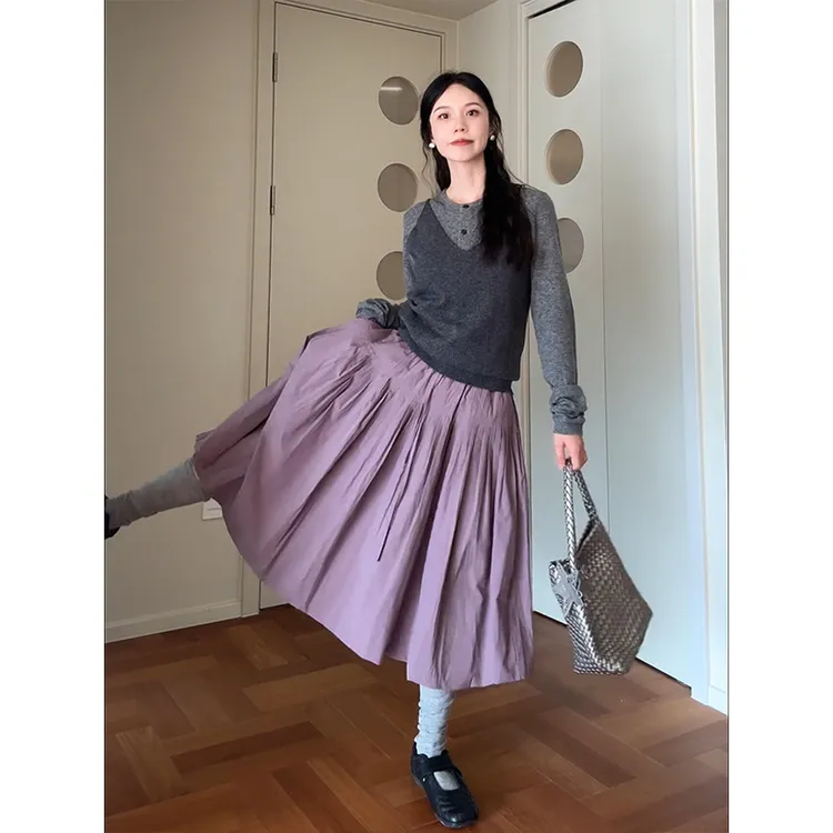 MARIE.COCO韩系温柔风假两件长袖针织衫上衣女秋季新款紫色半身裙