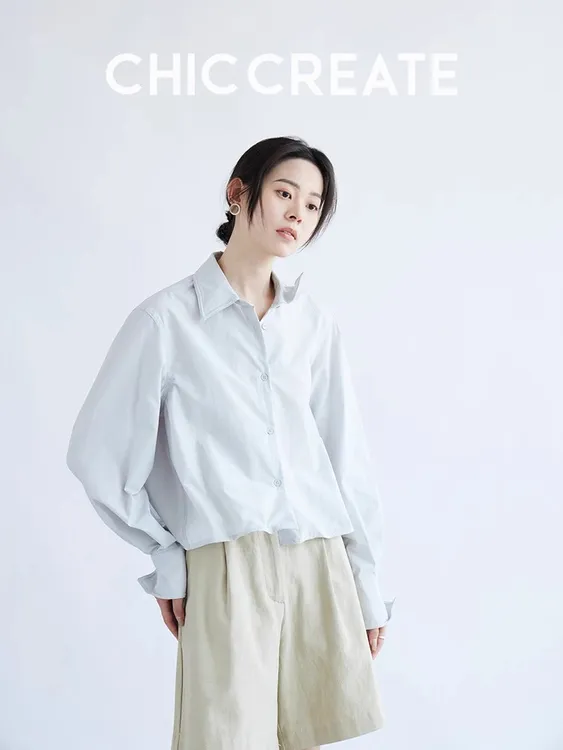 铅丝纸袋衬衫！百变造型 翻领长袖抗皱短款直筒衬衫衬衣女早秋款