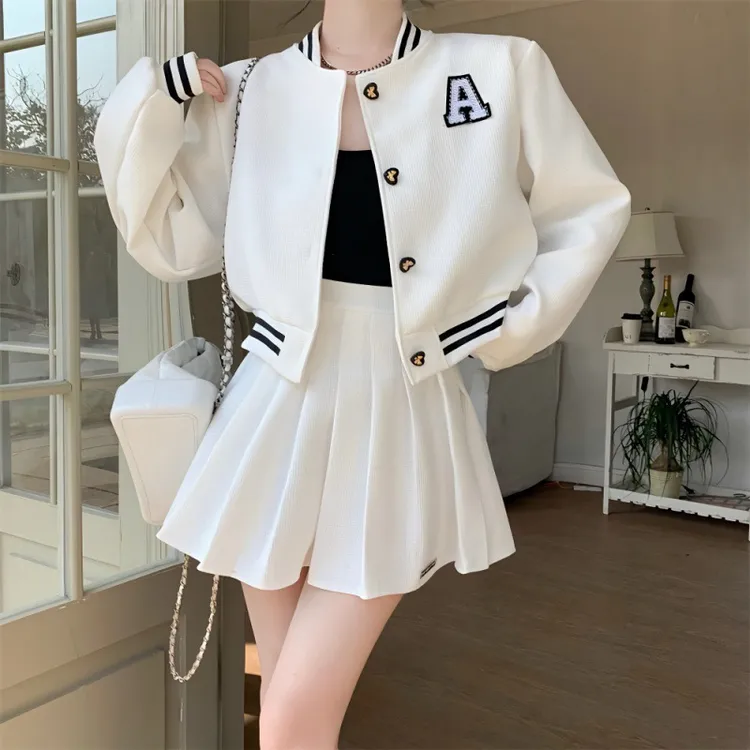 欧货棒球服套装女新款休闲短外套高腰百褶半身裙网红学院风两件套