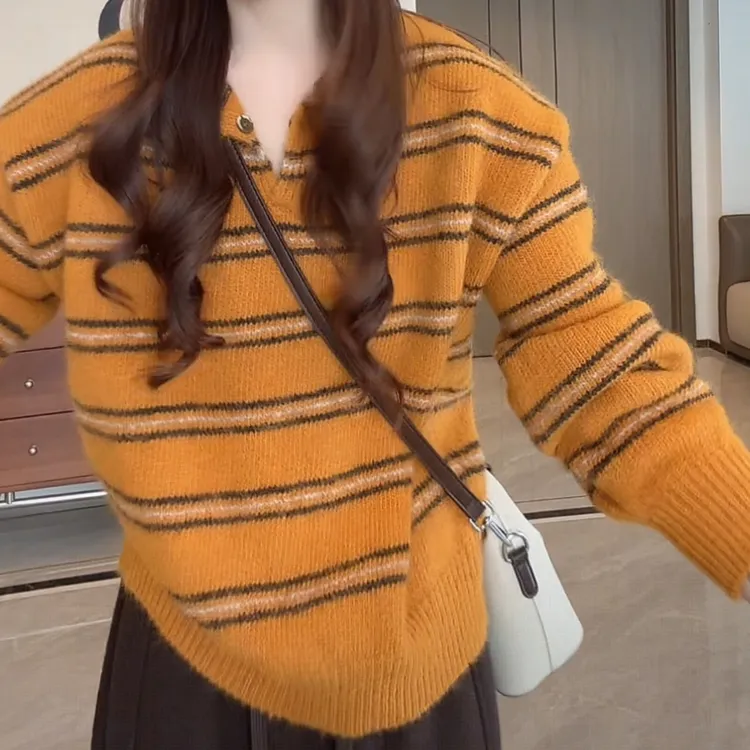 复古慵懒风氛围感软糯条纹毛衣秋冬2025新款设计感宽松长袖针织衫