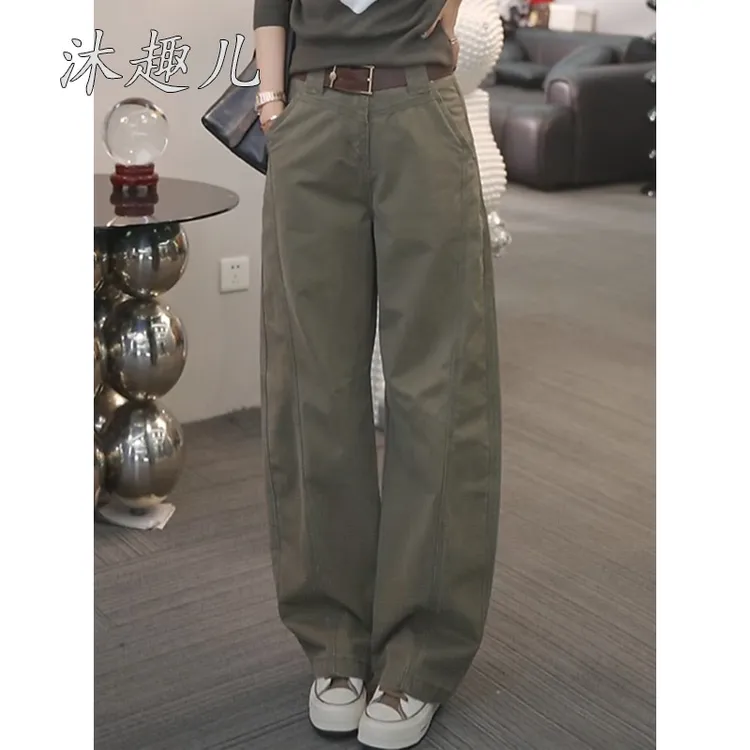 军绿色工装阔腿裤女秋季2025新款高腰显瘦宽松潮流休闲弯刀直筒裤