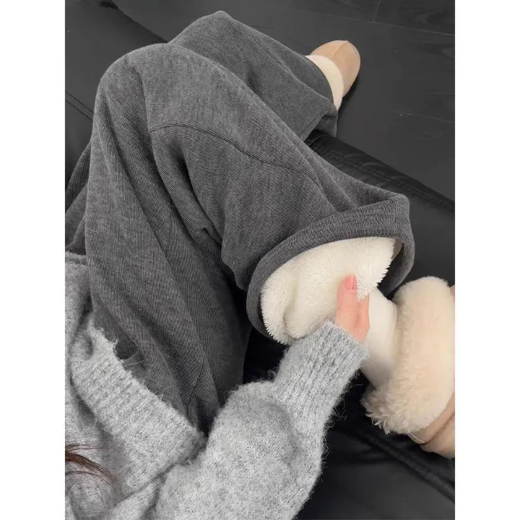 大码300斤加绒糯米裤女胖m秋冬季加厚新款高腰垂感直筒休闲阔腿裤