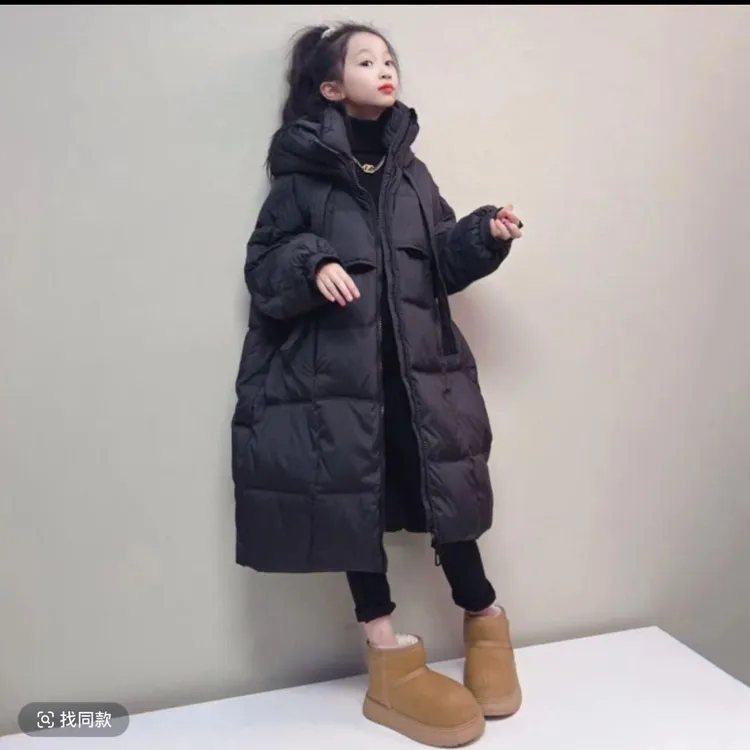 女童羽绒服时尚飘带连帽韩版白鸭绒外套中大童潮长款宽松2025新款