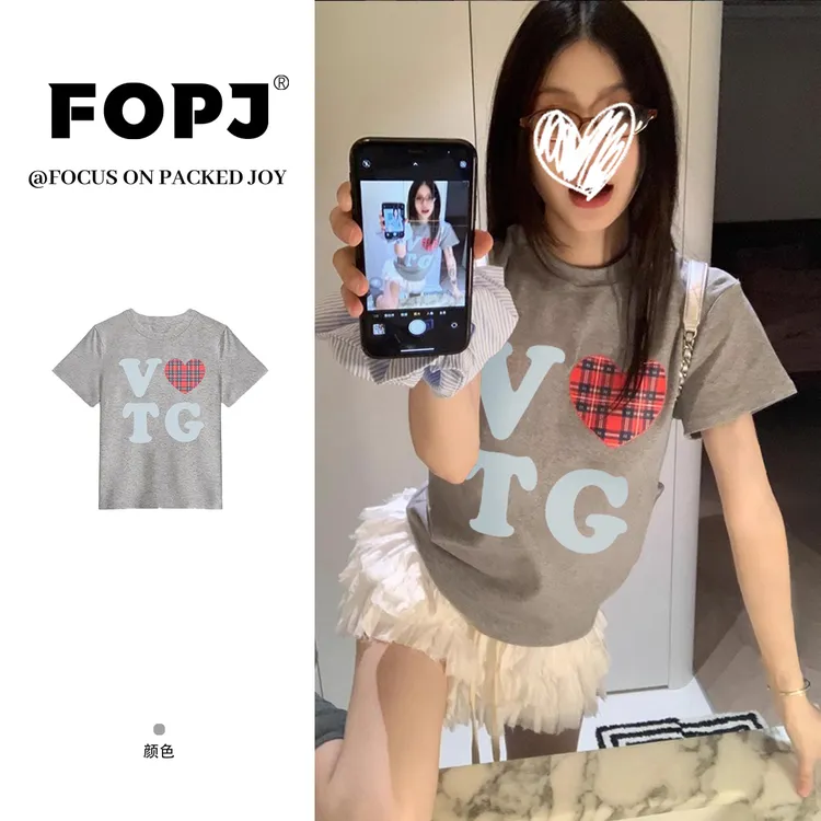 FOPJ美式复古字母印花灰色正肩短袖t恤女BM风百搭显瘦圆领ins上衣