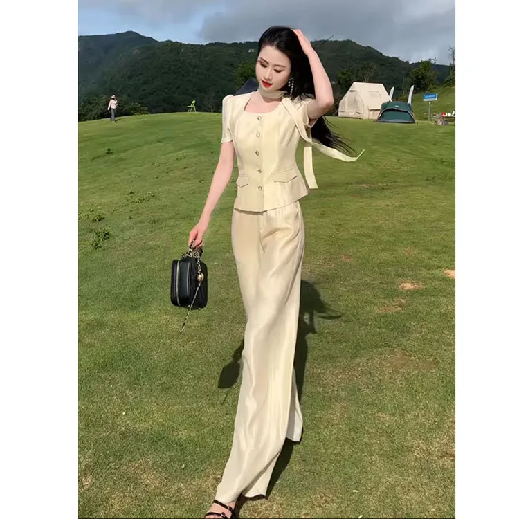 格润雅气质夏季套装2025年新款修身显瘦方领上衣垂感阔腿裤两件套