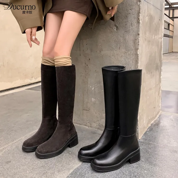 DUCURNO不过膝真皮高筒长靴女小个子防水台厚底圆头高跟骑士靴子