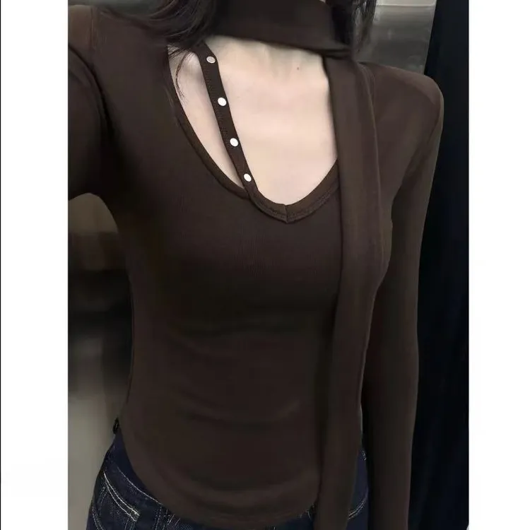 2025冬季新款V领绑带时尚百搭气质纯欲性感长袖T恤修内搭打底衫