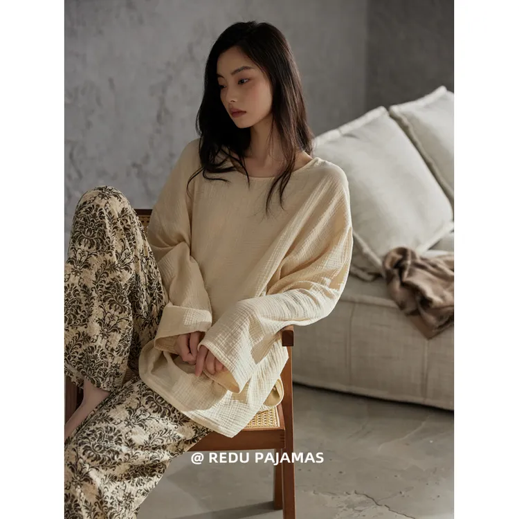 热妒睡衣女春秋季纯棉婴儿棉纱高级感带胸垫长袖家居服套装可外穿