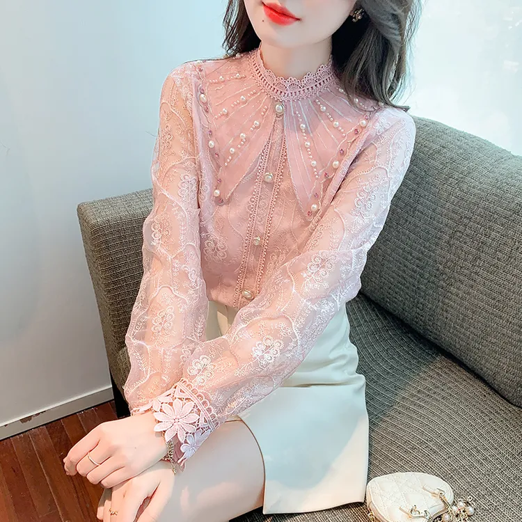 法式蕾丝衬衫长袖女2025早秋季新款轻奢重工立领蕾丝刺绣钩花衬衣