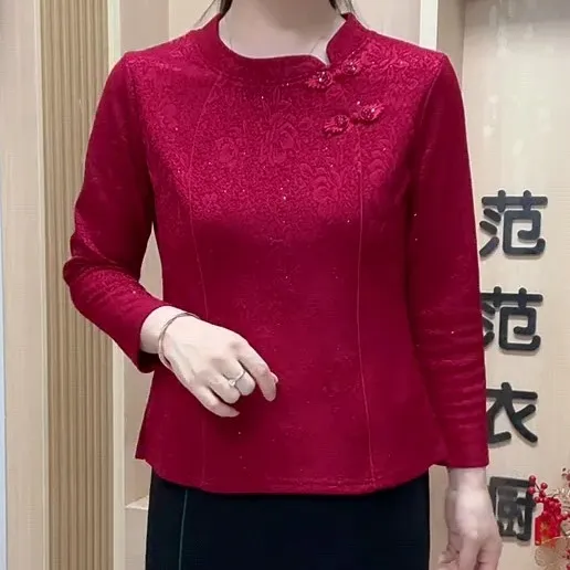 中老年妈妈秋季短款提花盘扣套头复古洋气旗袍风打底小衫