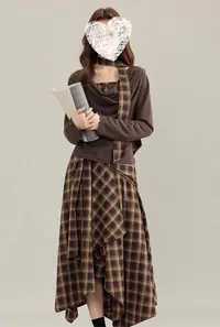 秋季新款设计感时尚气质格子飘带长袖上衣+不规则格子半身裙8056#