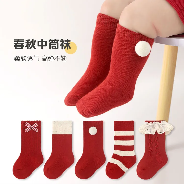 宝宝袜子红色新年中筒秋季儿童新款花边蝴蝶结公主女童婴儿红袜子