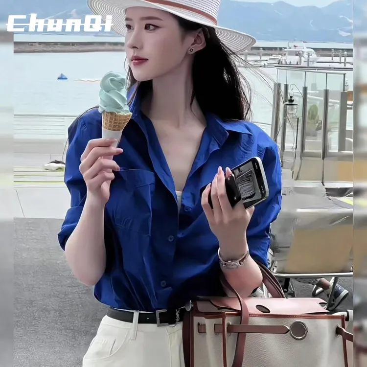 淳启克莱因蓝气质Polo领长袖衬衫女休闲打底高级叠穿显白蓝色衬衣