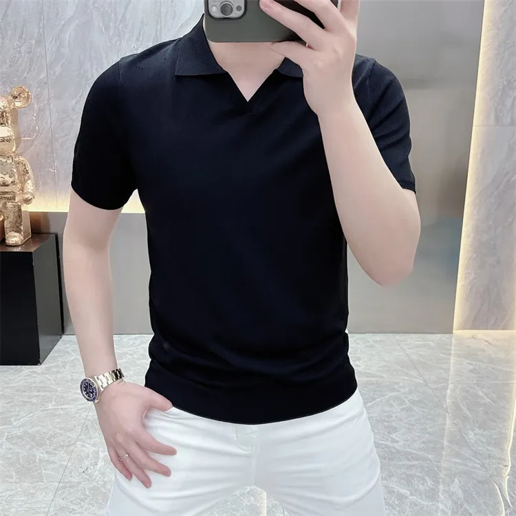 2025夏季新款简约百搭薄款伊力特冰丝翻领短袖T恤男潮半袖针织衫
