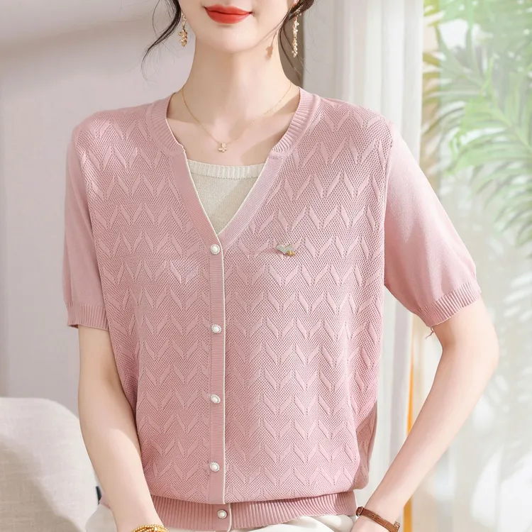 中年妈妈夏季冰丝短袖T恤2025新款洋气小衫中老年女夏装针织上衣
