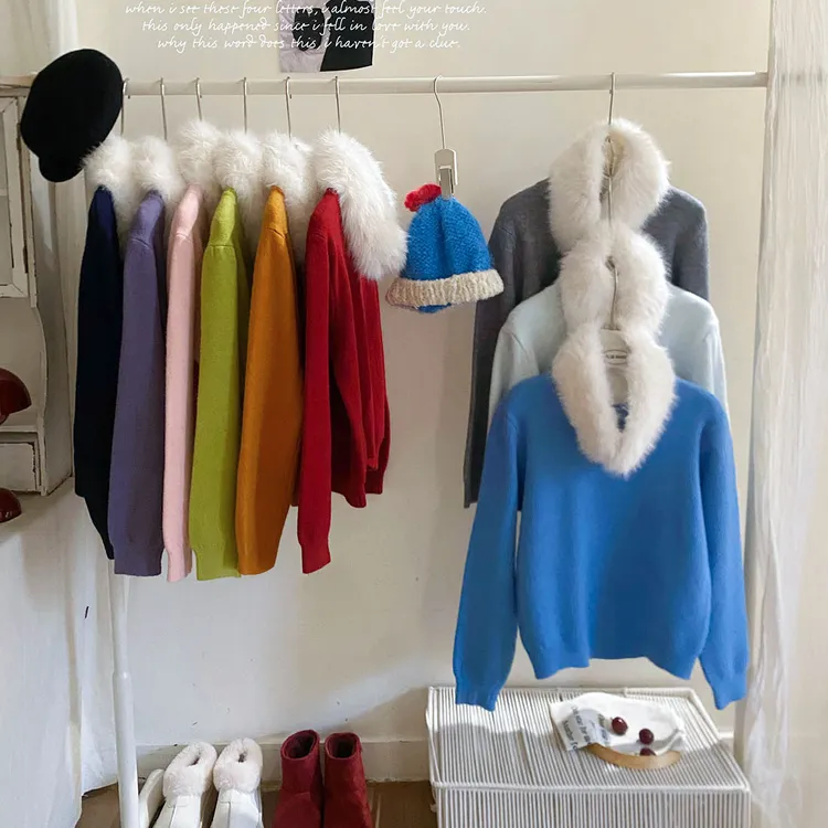 韩系氛围感可拆毛毛领圆领套头软糯毛衣女冬小众温柔复古针织上衣