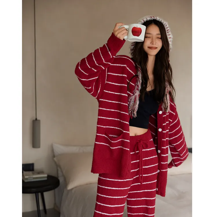 美腾半边绒睡衣女士秋冬季新款保暖红色家居服开衫本命年套装加厚