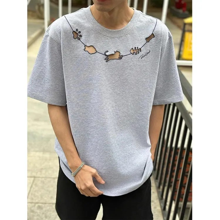 镂空包边刺绣短袖男夏季美式复古小众设计感t恤潮牌宽松情侣半袖