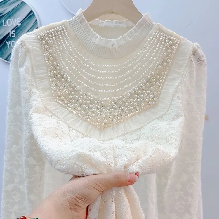 钉珠木耳边纱网加绒蕾丝宽松衬衫秋冬新款显瘦遮肉减龄打底上衣女